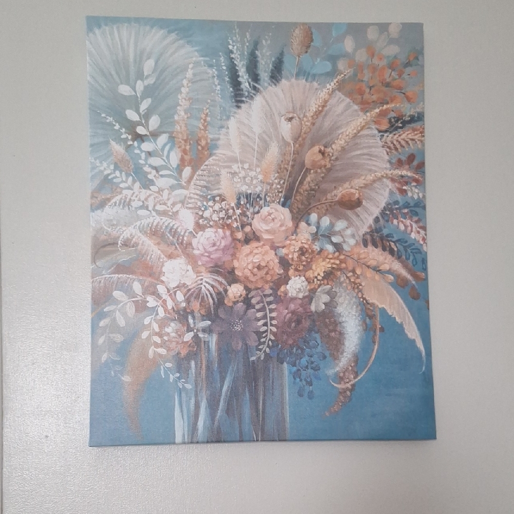 Floral Canvas Art in Blue and Beige
